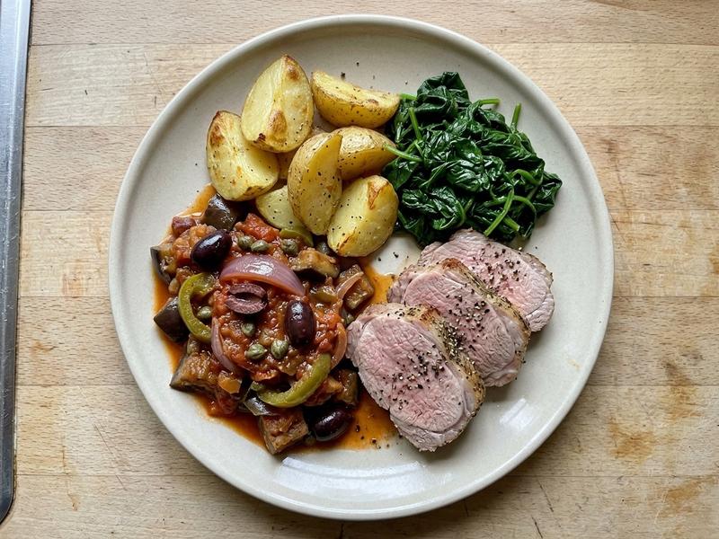 Lamb with Spinach, Potatoes and Caponata