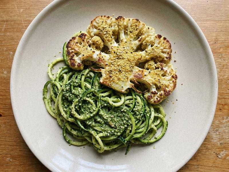 Cauliflower Steaks & Vegan Pesto Zoodles
