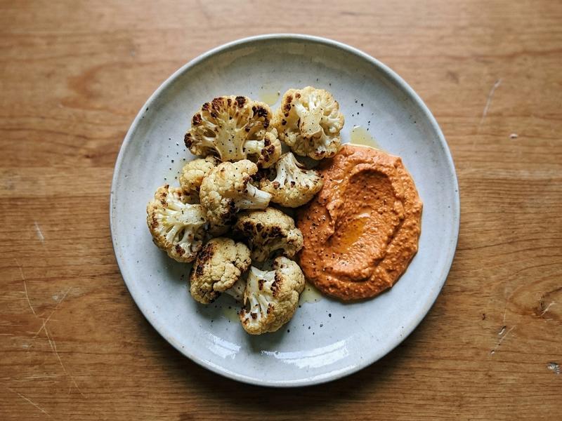 Roasted Cauliflower with Red Pepper Hummus
