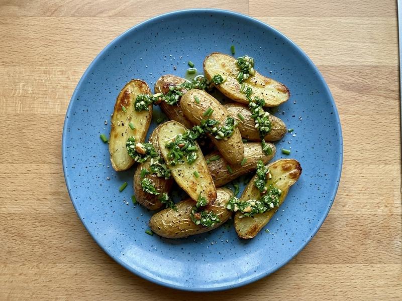 Roasted Fingerling Potatoes with Chive Pesto