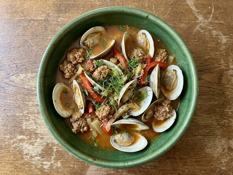 Steamed Clams with Spicy Italian Sausage and Fennel