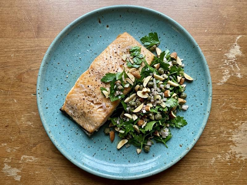 Baked Salmon with Almond Parsley Salad