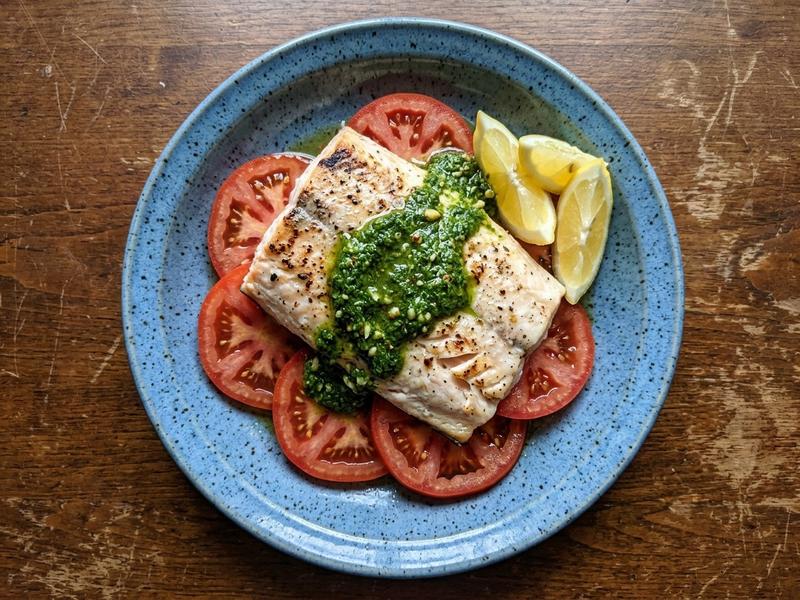 Broiled Arctic Char with Basil Sauce and Tomato
