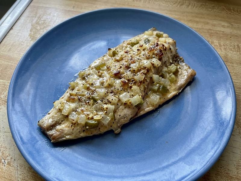Broiled Mackerel with Onion and Pickle Butter