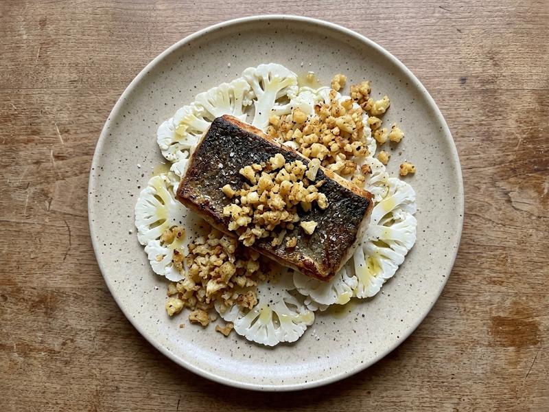 Seared Bass with Cauliflower Duo
