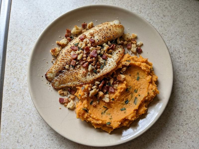 Tilapia and Mashed Sweet Potato with Bacon-Sage Breadcrumbs