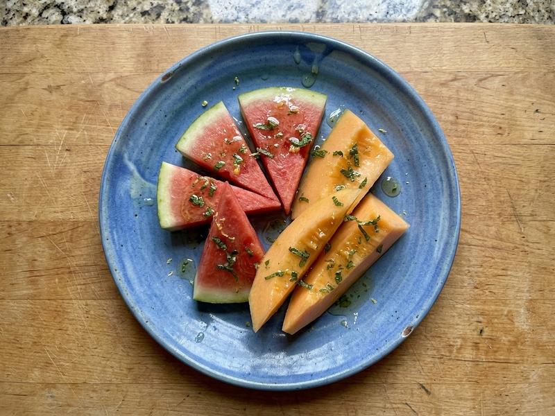 Watermelon and Cantaloupe Wedges with Lime-Mint Syrup