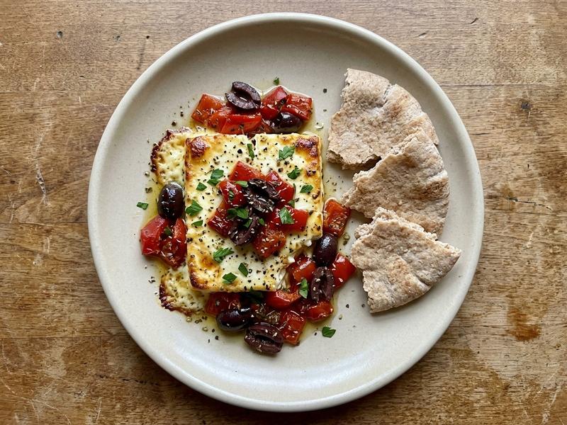 Roasted Feta with Olives and Red Peppers