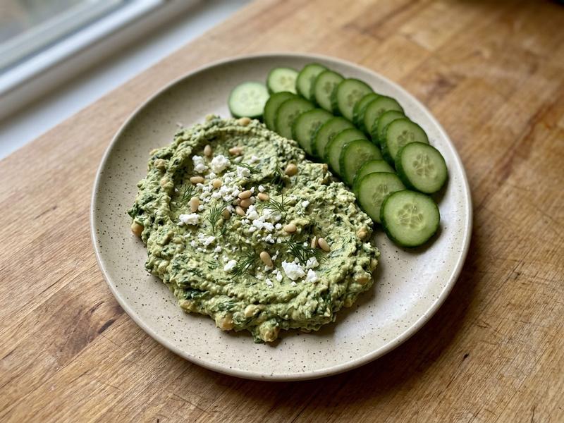 Spinach Feta and Dill Hummus with Cucumbers