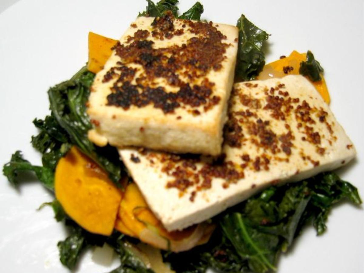 MustardCrusted Tofu with Kale and Sweet Potato Recipe and Nutrition