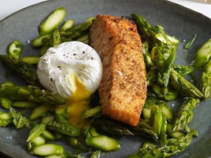 Coriander and Lemon Crusted Fish with Asparagus Salad & Poached Egg